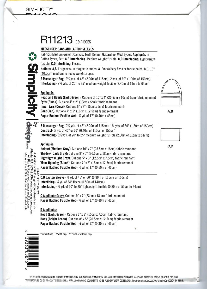 May include: Sewing pattern for messenger bags and laptop sleeves. The pattern includes instructions for making two different styles of bags, one with a flap closure and one with a zipper closure. The pattern also includes instructions for making appliqu&eacute;s for the bags.