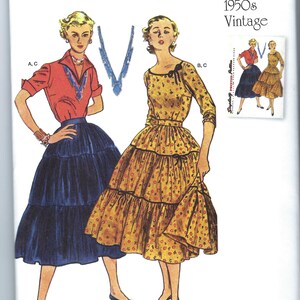 Könnte beinhalten: Vintage-Schnittmuster für ein Kleid im Stil der 1950er Jahre mit vollem Rock. Das Schnittmuster enthält zwei verschiedene Stile, einen mit rotem Oberteil und blauem Rock und den anderen mit gelbem, blumigem Oberteil und Rock. Das Schnittmuster ist Simplicity S9537, Größe DE 32-40, EU 32-40, US 6-14.