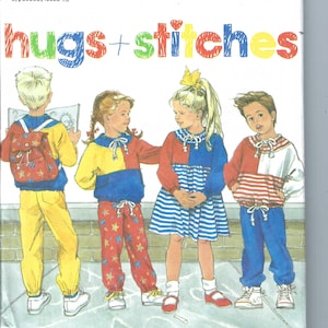 May include: A sewing pattern for children's clothing, featuring four children wearing colorful outfits. The pattern is titled "hugs + stitches" and is from Simplicity. The pattern number is 9890.