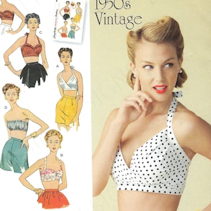 May include: Vintage 1950s sewing pattern Simplicity 1426 D5 for a halter top with a polka dot pattern. The pattern includes instructions for making a halter top with a variety of skirt options. The pattern is designed and printed in the USA.