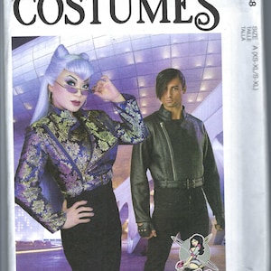 May include: McCall's Costumes sewing pattern. The package features two people in costume. The woman is wearing a purple and gold patterned jacket and black skirt. The man is wearing a black leather jacket and black trousers. The text "COSTUMES" is at the top.