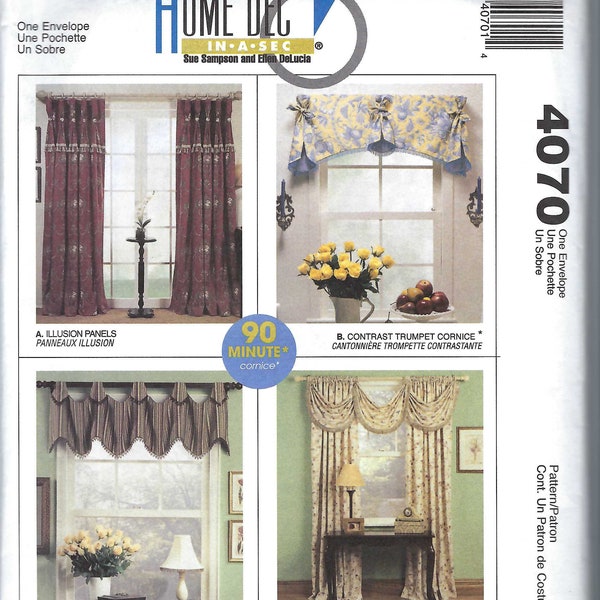 Uncut  McCalls sewing Pattern Home Decorating Panels, Trumpet Cornice, Fold Tab Valance, Criss Cross Swag Panels Only Valance 4070 FF