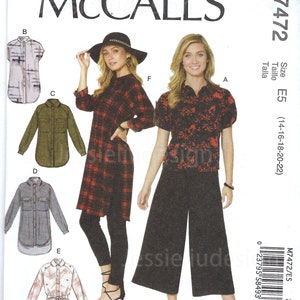 UNCUT Mccalls Sewing Pattern 7472 Misses Dress Shirt - Tunic  Size 6-14 14, 16, 18, 20, 22 FF