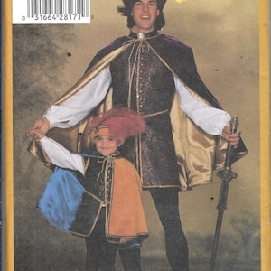 May include: A costume pattern for Child/Boy's. The image shows two people wearing historical costumes. The adult is wearing a purple and gold cape and a hat with a yellow feather. The child is wearing a cape with blue and orange panels.