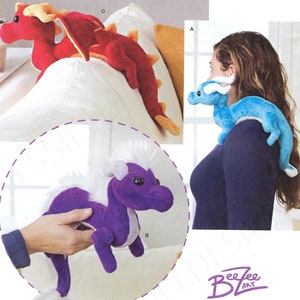 May include: Simplicity pattern 8715 features plush dragon toys in red, blue, and purple. The pattern includes instructions for making a dragon that can be worn on the shoulder or used as a decorative pillow. The pattern is one size.