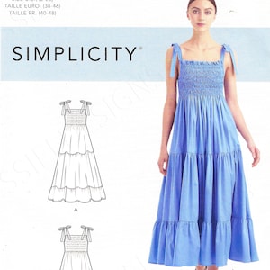 Uncut Simplicity Sewing Pattern 10600 9141 Misses' Dress With Shirred Bodice and shoulder ties mid-calf mini length Size 4 - 12  12 - 20 FF