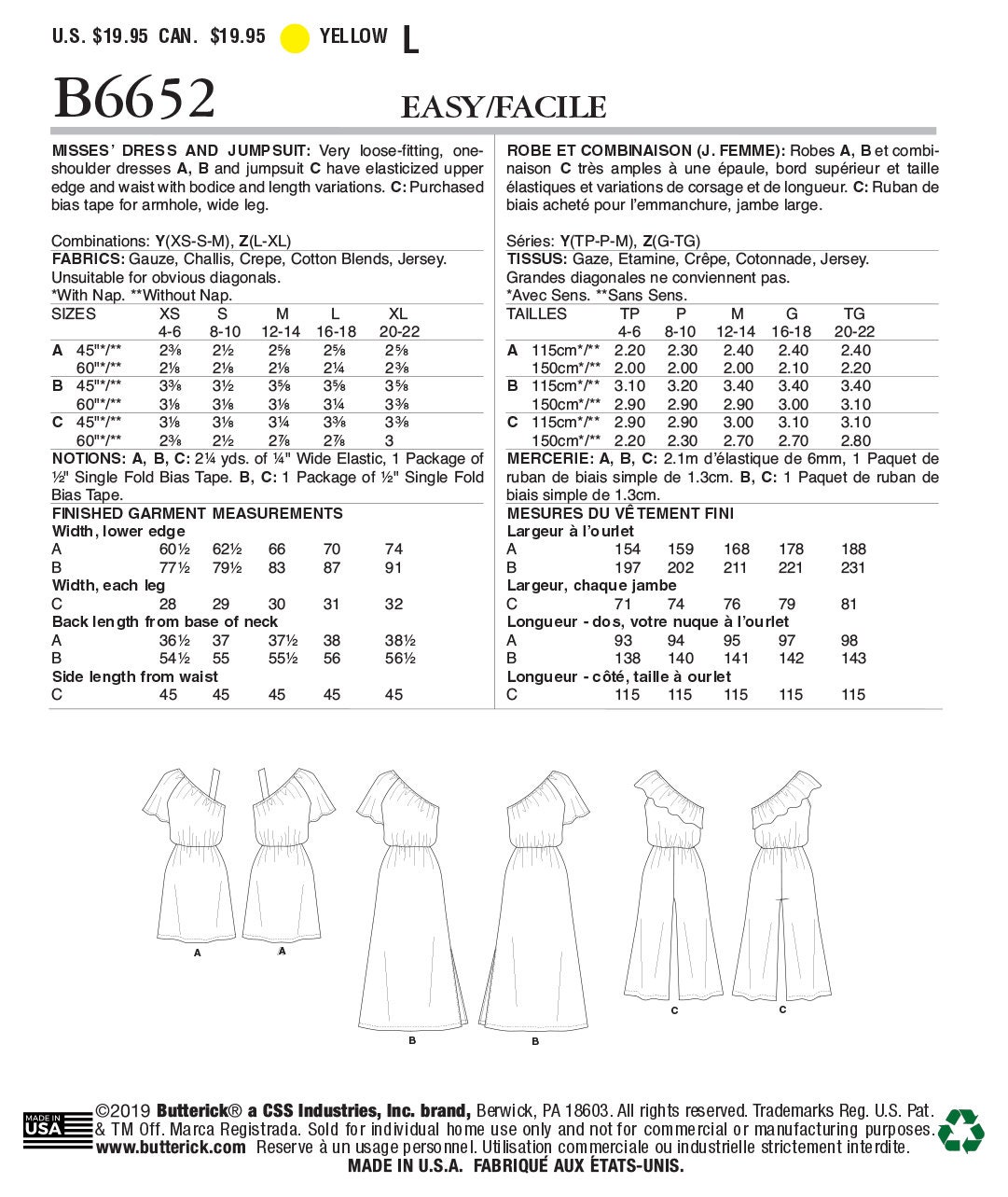 Patron Butterick 6652 – Robe Et Combinaison – Encoulure En Biais – Pop Art – XS Au XL