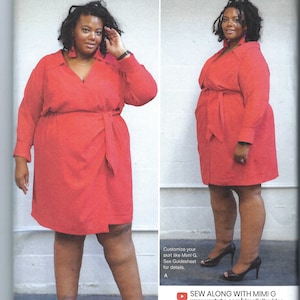 Puede incluir: Un patrón de costura para un vestido rojo de envoltura con mangas largas y un cinturón de corbata. El patrón es para las tallas 26W-34W y es de Simplicity. El patrón incluye instrucciones para personalizar la falda como Mimi G. El patrón es parte de la marca mig. A DIY & Lifestyle Brand.