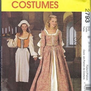 Peut inclure: Patron de costumes McCall's avec deux robes médiévales. L'une est une longue robe rose à motifs floraux avec des bordures dorées, l'autre une robe crème avec un corset orange. Le numéro du patron est 2793.