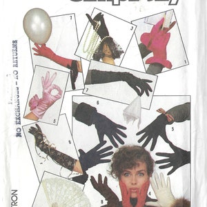 May include: Simplicity glove pattern featuring diverse styles in black, pink, and white. The image shows a woman surrounded by glove designs, with text indicating "One Size" and "The Accessory Club."