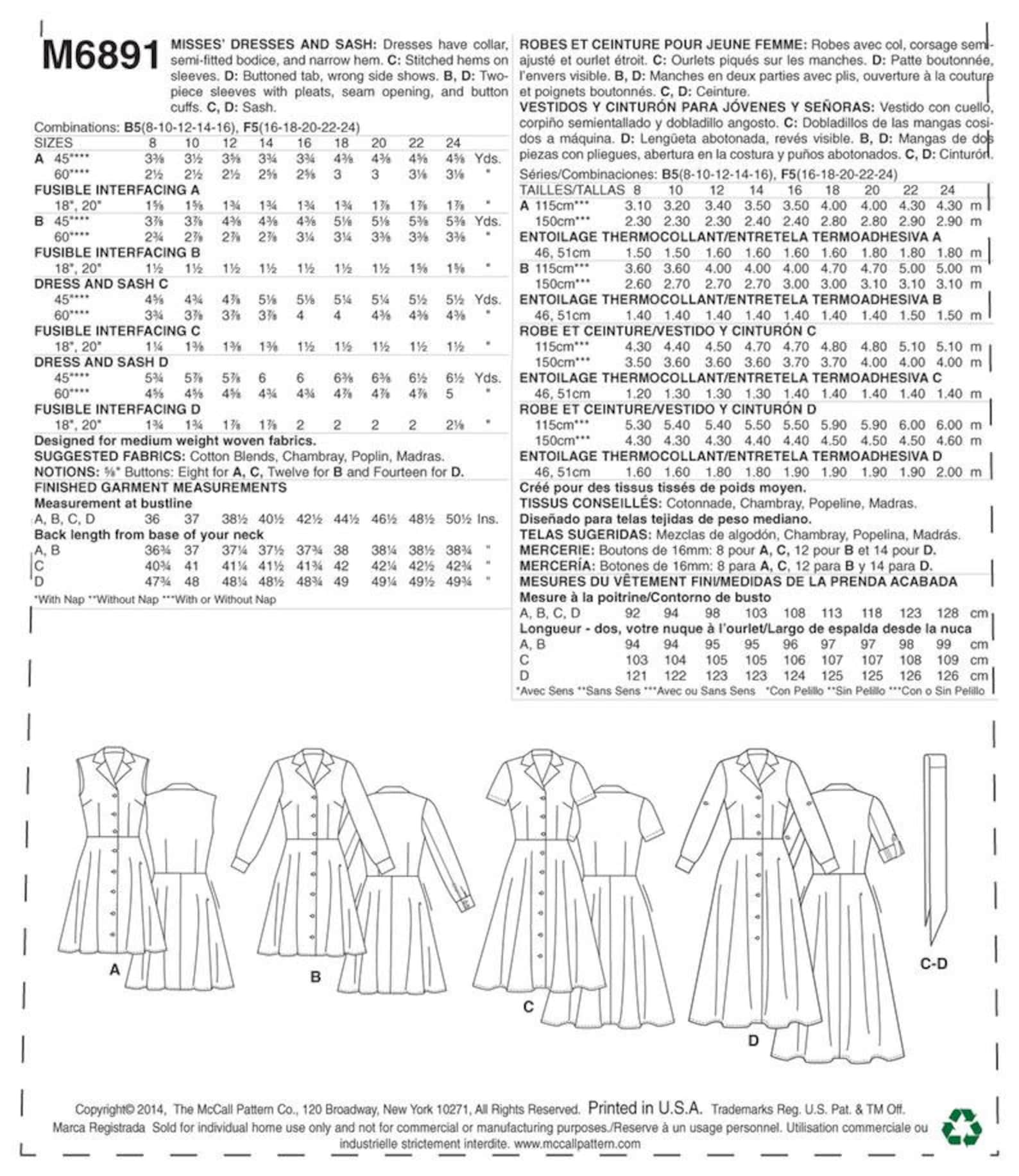Uncut Mccall's Easy Palmer/pletsch Pattern M6891 6891 Misses Dresses ...