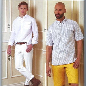 May include: Vogue Patterns sewing pattern for a men's shirt and shorts. The pattern is for sizes MXX (40-42-44-46). The shirt is white with a button-down collar and long sleeves. The shorts are yellow with a checkered pattern.