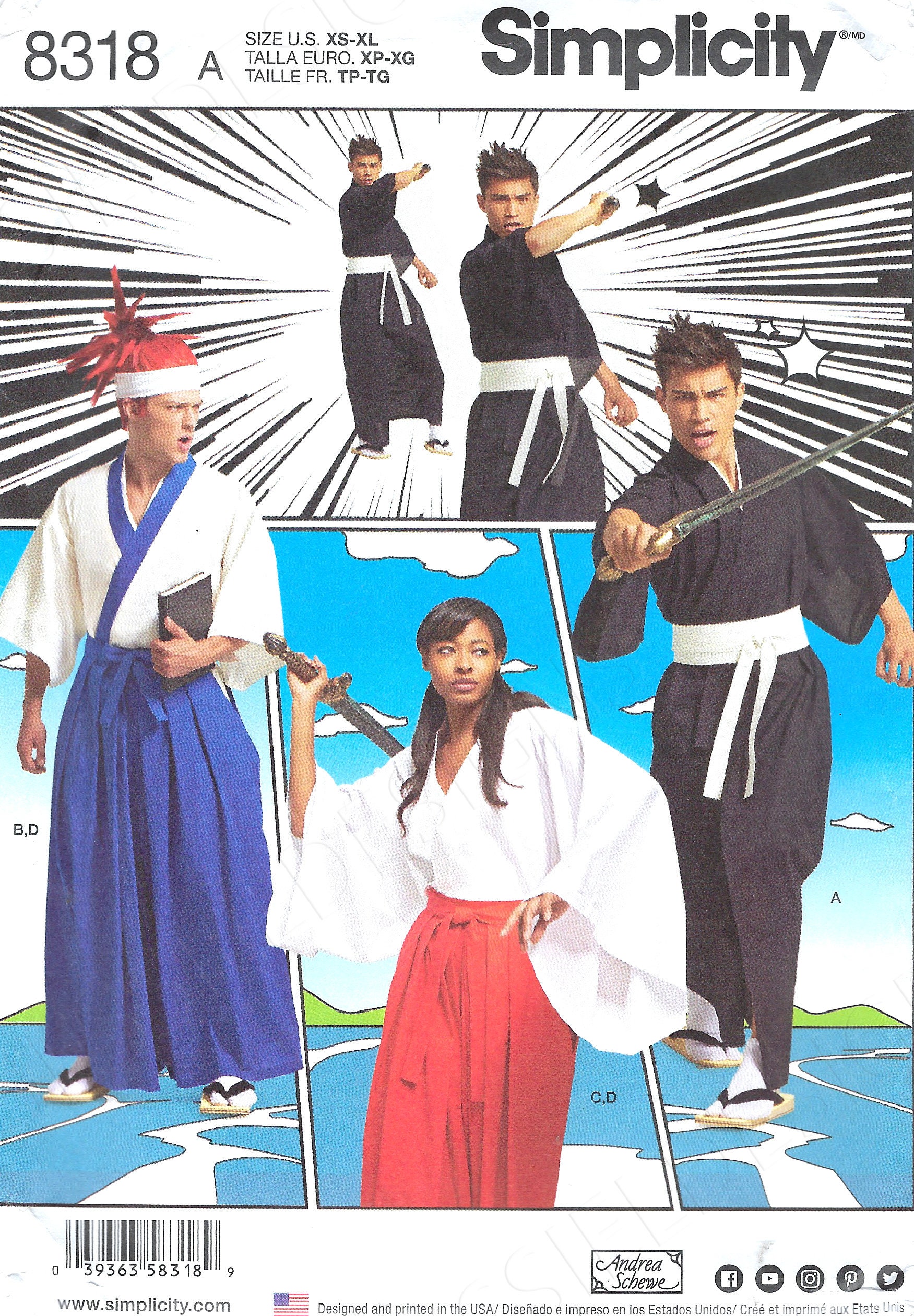 Uncut Simplicity Sewing Pattern 8318 Anime Kimono Costumes Unisex