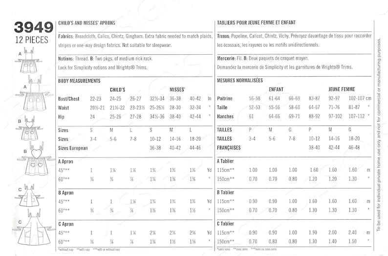 Uncut Simplicity Sewing Pattern 3949 Child and Misses Aprons Etsy