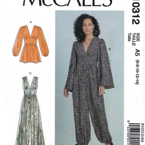 May include: Sewing pattern for a jumpsuit with a V-neck and long sleeves. The pattern includes three views: a top with long sleeves, a jumpsuit with long sleeves, and a jumpsuit with wide legs. The pattern is for sizes 6-8-10-12-14.
