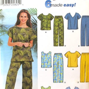May include: Simplicity sewing pattern number 7236, made easy, for sizes 18W-24W. The pattern includes instructions for making six different tops and pants. The tops include a green, blue, yellow, and green and white patterned tops. The pants include green, blue, yellow, and green and white patterned pants.