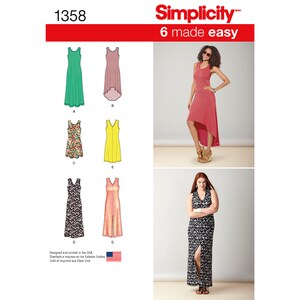 Puede incluir: Patrón de costura Simplicity número 1358, 6 made easy, con seis estilos diferentes de vestidos sin mangas. Los vestidos se muestran en varios colores y patrones, incluyendo verde, rojo, amarillo, rosa, negro y floral.