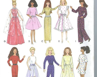 Patrón de costura Simplicity vintage sin cortar 9838 Muñeca Barbie de moda Diseña tu propio guardarropa Vestidos Batas Mono Culotte Capa FF