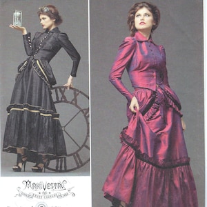 May include: A sewing pattern for a steampunk-inspired dress with a fitted bodice and a full skirt. The pattern includes a long-sleeved blouse with a high collar and a skirt with multiple layers of ruffles. The pattern is for sizes 6, 8, 10, and 12. The pattern is from Simplicity.