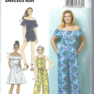 Uncut Butterick Sewing Pattern Womens Romper, Dress, and Jumpsuit Pattern, Off Shoulder Jumpsuit, Butterick 6566, Size XS-M and L-XXL FF