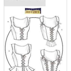 May include: A black and white line drawing of four different corset patterns. The patterns are labeled A, B, C, and D. The text "B4669 Butterick" and "Making History" are also included in the image.