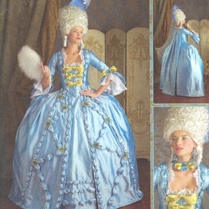 Peut inclure: Le patron Simplicity 3637 présente une robe rococo bleu clair avec des nœuds jaunes et une garniture en dentelle blanche. Le patron comprend une perruque avec une plume et un ras du cou assorti. Tailles: 34-40.