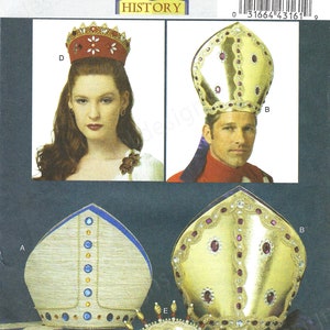 May include: Butterick B5441 sewing pattern envelope featuring illustrations of various headwear including a red crown with blue and white accents, a tall gold mitre with red jewels, a textured white mitre with blue jewels, and a gold tiara with red gems.