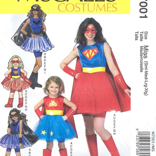 Uncut mccalls Sewing Pattern 371 7001 Sz Miss (Sm-Xl) ~ kids 3-8 Misses' costume: cape, dress, boot covers, mask, applique, shorts, cuffs FF