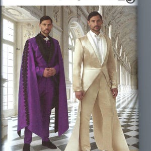 Könnte beinhalten: Ein Schnittmuster von Simplicity Costumes für einen Herrenanzug mit zwei verschiedenen Stilen. Der erste Stil ist ein lila Anzug mit einem langen Umhang und schwarzem Besatz. Der zweite Stil ist ein cremefarbener Anzug mit einem langen Schlepp. Die Schnittmuster-Nummer ist R12163 und die Größe ist US 34-42, Euro 44-52 und Französisch 44-52.