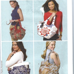 May include: A sewing pattern for four different tote bags. The bags are shown in various floral prints. The pattern is called "Waverly" and is from Butterick.