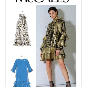 May include: A McCall's sewing pattern for a dress with three different styles. The dress has a ruffled hem and can be made with long or short sleeves. The pattern number is M7995.