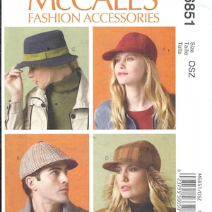 May include: McCall's M6851 sewing pattern for fashion accessories featuring four hat styles: a blue fedora with a green band, a red baseball cap, a houndstooth flat cap, and a brown plaid cap with ear flaps. The pattern is sized as OSZ.