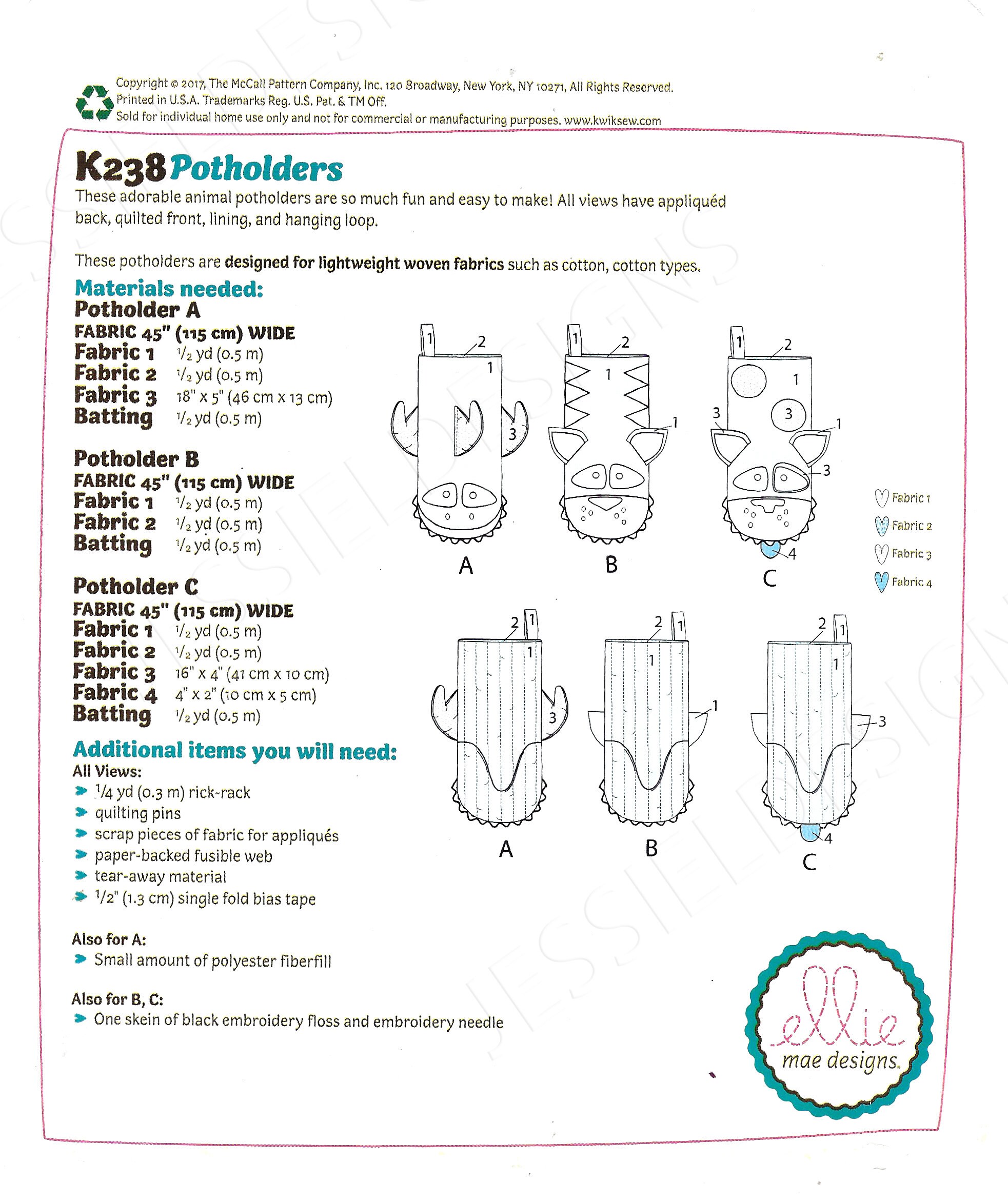 Uncut Kwik Sew Ellie Mae Designs 238 Potholders One Size FF