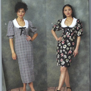 May include: Vogue Patterns sewing pattern for a dress with a Peter Pan collar. The pattern is for sizes 8-10-12-14-16. The pattern shows two versions of the dress, one with a plaid print and one with a floral print.