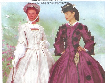 May include: A Butterick sewing pattern, number 6694, featuring two women in historical dresses. One dress is cream-colored with vertical stripes, and the other is a deep purple with black accents. The pattern includes sizes 6-8-10.