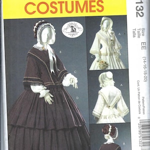 Puede incluir: Patrón de costura McCall's Costumes M5132. El patrón presenta diseños de disfraces históricos, incluyendo una falda larga escalonada y un gorro. La imagen principal muestra un vestido marrón oscuro con detalles blancos. Talla EE (14-16-18-20).