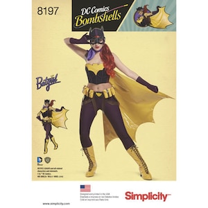 May include: A costume pattern for a Batgirl outfit from DC Comics Bombshells. The pattern features a black and yellow corset, purple leggings, a yellow cape, and a mask. The Simplicity pattern includes the number 8197.