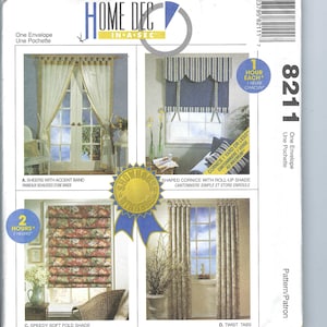 May include: A sewing pattern for home decor projects, featuring four different window treatments: sheers with an accent band, a shaped cornice with a roll-up shade, a speedy soft fold shade, and twist tabs. The pattern is from McCall's Home Dec In-A-Sec and has a sewing time of 2 hours or less. The pattern number is 8211.