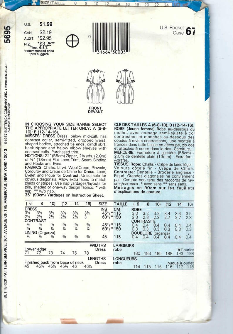 Uncut Vintage Butterick Sewing Pattern 5695, Prairie Style Dress ...