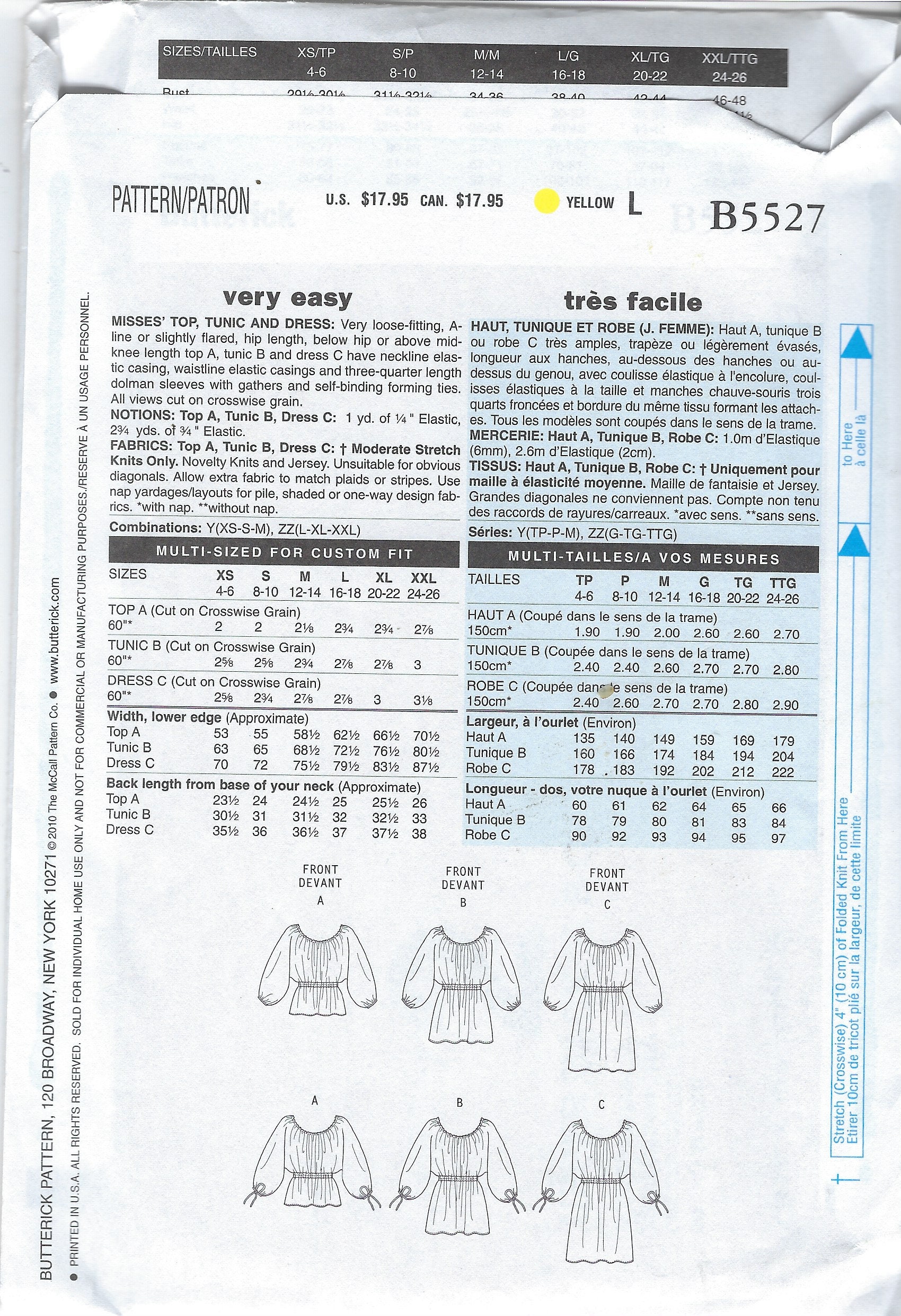 Uncut Butterick Sewing Pattern 5527 Dress to Top Options Loose Fitting ...