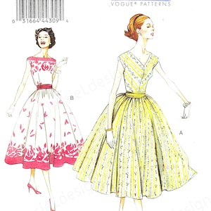 May include: Vintage Vogue sewing pattern for a dress with a full skirt. The pattern is for sizes 6-8-10-12-14. The pattern is illustrated with two women wearing the dress in different colors and patterns.