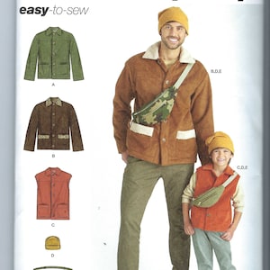 May include: A sewing pattern for a jacket, vest, and hat. The pattern includes instructions for making a jacket with a fleece lining, a vest, and a hat. The pattern is for sizes S-L/S-XL. The pattern is from Simplicity.