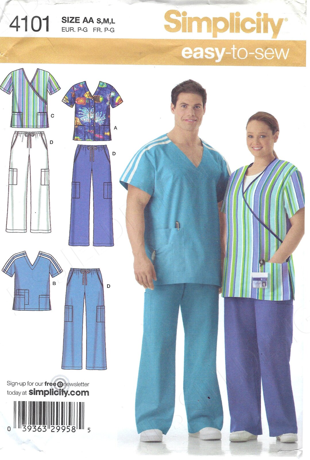 Uncut Simplicity Sewing Pattern 4101 Womens and Mens Scrub Tops and ...