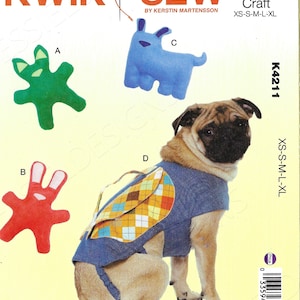 May include: Sewing pattern for a dog vest and three plush toys. The pattern is called "Kwik Sew" and the number is K4211. The pattern is for sizes XS-S-M-L-XL.