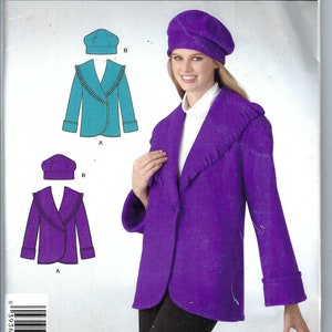 May include: A sewing pattern for a jacket and hat set. The pattern features a woman wearing a purple jacket with a ruffled collar and matching hat. The pattern also shows a teal jacket and hat design.