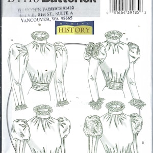 Puede incluir: Patrón de costura Butterick B4418 con cuatro vistas de una blusa con cuello con volantes, mangas abullonadas y cintura entallada. El patrón incluye el texto "Making History" y la talla 6-8-10-12.