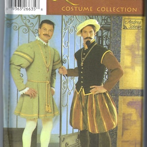 May include: Simplicity Renaissance Costume Collection pattern. The cover features two men in Renaissance-era costumes. One wears a green doublet and skirt, the other a black vest and striped breeches. The pattern includes sizes XS to XL.