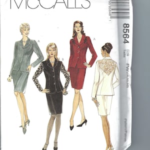 May include: A sewing pattern for a women's suit. The pattern includes three different styles: a blue suit, a black suit with lace sleeves, and a white suit with a lace detail on the back. The pattern is for size 16 and is from McCall's.