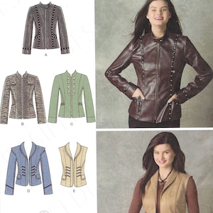May include: A sewing pattern for a jacket and vest. The pattern includes five different styles: a brown leather jacket, a green jacket, a brown and black patterned jacket, a blue jacket, and a tan vest. The pattern is for sizes H5 6, 8, 10, 12, and 14. The pattern is from Simplicity.