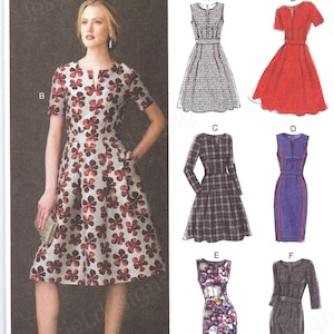 May include: Vogue Easy Options sewing pattern V9267. The image shows a woman wearing a floral print dress. The pattern includes options for several dress styles, including a red dress, a plaid dress, and a blue dress.